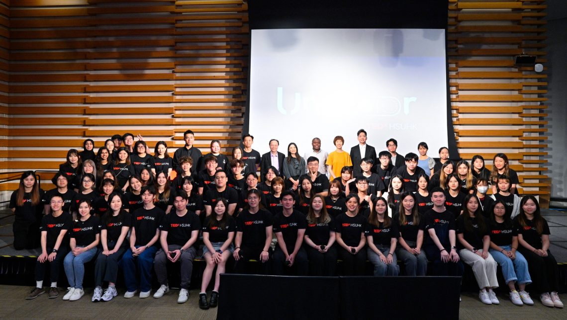 Group photo of TEDxHSUHK 2024 speakers, HSUHK senior management members and student crew.